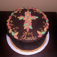 Give Thanks Boston Cream cake with fondant leaves and border