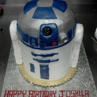 R2D2 White cake, bc icing, fondant. Arms are rice cereal treats.