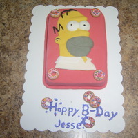 Simpsons Cake It was for my Sister's Boyfriend's Birthday. The Homer head and the doughnuts were premade from fondant and are eatable.