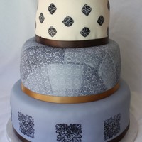 Party Cake This 3-tiered cake is made with fondant, stamps and food coloring, and ribbon. The top and bottom tiers were stamped with food coloring...