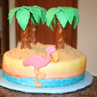Tropical Birthday The cake is fondant covered with hand painted sides with gum paste palm trees and color flow flamingo. It was suppose to have two more...