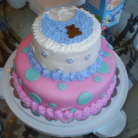 Baby Shower Cake I made this cake for my cousin's baby shower. Bottom is a 10" round iced in butter cream & strawberry filled, covered in pink...