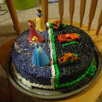Princess/cars Double Birthday This was my kids 3 & 4th birthday cake. They are only a week apart in the month so they always share. My girl wanted Disney Princesses...