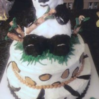 Panda sculpted crispie treats covered in fondant on a 2 layer buttercream frostedcake