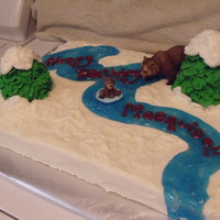 Brother Bear Arctic Fun Birthday Peanut Free cake - buttercream snow drifts, sugar cookie trees with royal icing leaves and buttercream snowdrifts, icing gel river. This...