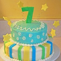 Jacob's 7Th Birthday I made this for my son's birthday. It is 8 and 6 inch tiers with BC icing and fondant decorations.