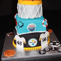 Steelers, Swimming And Basketball Cake. This cake was for my son's 9th birthday. He loves the Steelers, swimming (he swims on a swim team) and basketball. Each layer is a...