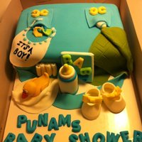 Diaper Bag Cake Diaper bag cake done with 1/2 yellow sheet cake, with Chanel symbols, filled with nutella chocolate mousse, and baby accents.