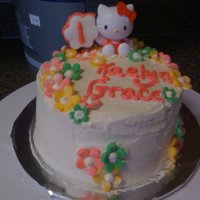 Hello Kitty hello kitty smash cake. buttercream with fondant accents. the hello kitty figurine is actually a balloon weight