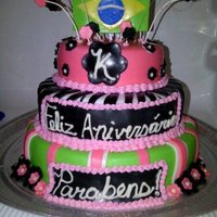 3 Tier Birthday Cake 3 tier Chocolate/caramel cake covered in fondant. She was brazilian, so I added the flag and wrote Happy birthday and congratulations in...
