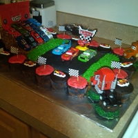 Lightning Mcqueen Cars Cake I made this cake for my son's 3rd bday! Chocolate cupcakes, yellow cake, and cocoa rice krispies for the "bleachers" Took me...