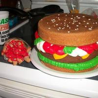 Cheeseburger And Fries! Yellow cake for buns and chocolate cake for burger! Rest is BC!