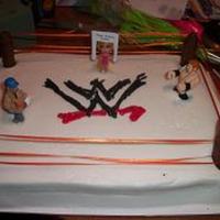 Wrestling Cake!! This is a wrestling cake for an eleven yr. old boy!! Choc. cake with BC. Choc. covered pretzels for posts and ribbon ropes! Got the pretzel...