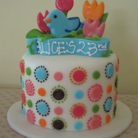 Polk-A-Dots. Sides of the cake inspired from a card. Top of cake was just a last-minute addition, hence the thickness of the fondant to support itself...