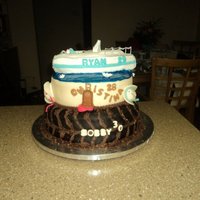 Boat/cowgirl/muddin This cake was made for 3 different people who share the same birthday and I customized each tier for each person. Bottom tier is a tire for...