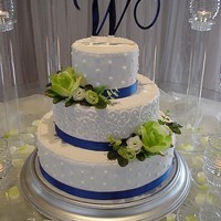 Apple Green Roses With Blue Ribbon Dots And Swirls 14,10,6 inch round cakes with buttercream frosting white dots and swirls, green silk roses and royal blue silk grosgrain ribbon. Candles...