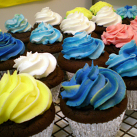 Multicolored Cupcakes I was experimenting with mixing icing colors in my piping bag. The effect turned out kind of cool on some of them.