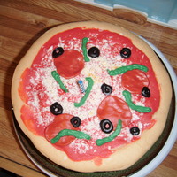 Pizza Cake Chocolate cake with peanut butter frosting and banana cream filling! Cheese, olives, and bell peppers are choclate and the pepporoni is...