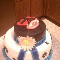 Rn Retiring Cake 2-tiered cake covered in buttercream and white fondant with additional fondant accents. bottom tier is chocolate with strawberry filling...