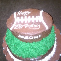 Football Cake Two tiered football cake. Cake is chocolate with white chocolate ganache filling