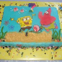 Spongebob Cake (Bct) A half sheet Spongebob Chocolate and French Vanilla Cake with buttercream frosting and filling. All the characters are buttercream...