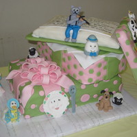 Nursery Rhyme Baby Shower Cake The figures are sculpted from gum paste or a MMF/gum paste blend. The book and present lid are RKT and everything is covered in MMF.