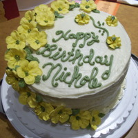Adult Birthday Cake 3 layer 9" rounds, center one is a banana-marchino cherry-pineapple-walnut w m. cherry vanilla buttercream filling. The cake is iced w...