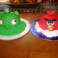 Angry Birds My son's 4th birthday cake.. one is chocolate and the other vanilla, covered in fondant.
