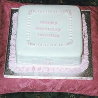 Pink Birthday Cake Sponge cake covered with sugarpaste and decorated using a few mediums including handmade fondant roses, ribbon insertion and embossing.