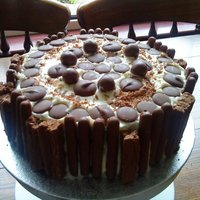 White Chocolate Gateux A chocolate sponge covered in a creamy white chocolate ganache with Flakes and chocolate fingers around the edge. Topped with Buttons and...
