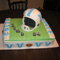 Colts Football Cake 2 layer sheet cake 1/2 chocolate 1/2 white covered in fondant, hand carved horse shoes around side, hand sculpted footballs all from...