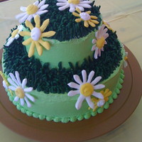 Daisy Cake Cake with buttercream icing, buttercream grass, and royal icing daisies.
