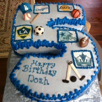Child's All Sport Birthday Cake Cut out #5 Cake with baseball, basketball, hockey, football and soccer theme.