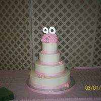 Aunt Pauline's 90Th Birthday Cake 16", 12", 8", 6" rounds, buttercream, royal roses, gumpaste numbers painted in pearl luster dust. We sent the 6"...