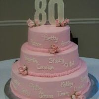 Betty's 80Th My enriched white cake with strawberry filling, buttercream, gumpaste 80 and roses. 8", 12", 16". 8" has her name and...