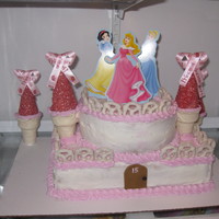 Princess Castle Buttercream cake with sugar cones rolled in chocolate and sprinkes.