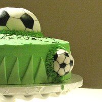 Soccer Birthday Fun! Chocolate cake covered in vanilla italian merengue buttercream. Soccerballs are cereal tretats covered in fondant and then painted with...