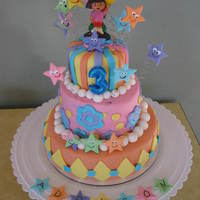 Dora The Explorer Cake This is a three tiered Dora cake I made using "Clairibelcakes" dora cake as my inspiration. Strawberry cake, chocolate chip cake...