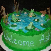 Frogsized.jpg All buttercream. Fondant frogs with raw spaghetti topped with fondant for cattails. Piping get for water effect.
