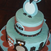 Hooty Baby Shower cake based on the baby's crib bedding called "Hooty" by Sweet Kyla. 10" and 6". Vanilla with Raspberry...