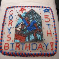 Spiderman Cake For Cory's 5Th Birthday Made this cake for my son's 5th Birthday.I googled for a Spiderman image, then I use Color Flow to trace the image. Took me a few...