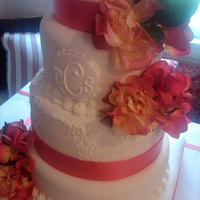 White And Coral Wedding Cake varied tier heights and square base, stenciled tier and monogram plaque