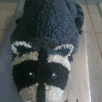 Raccoon Cake This is a red velvet cake with cream cheese icing. They wanted the icing inside blood red.