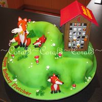 Foxy Chocolate mud cake with ganache & fondant. Foxes made out of fondant with gum tragacanth added, chicken house made out of mexican paste...