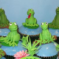 Frog Pond White chocolate & raspberry mud cakes with white chocolate ganache & fondant icing. Frogs made out of fondant with gum tragacanth...