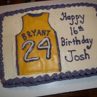 Kobe Bryant Birthday Cake A red velvet sheet cake made with colored cream cheese icing and fondant jersery.