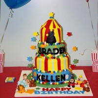 Circus Cake A circus/carnival themed cake. Circus tent is made from cereal treats. Figures and decorations are made from MMF. Tier borders are gumballs...