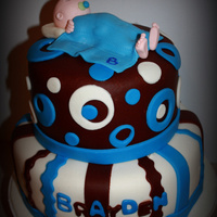 It's A Boy! The cake consists of one 8 inch and one 6 inch tier. It was covered and decorated with homemade marshmallow fondant. The baby on top was...