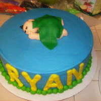 Jungle Theme Baby Shower White Cake iced with buttercream, baby is made out of gumpaste. Sheet cake is chocolate filled with chocolate pudding, iced with whipped...