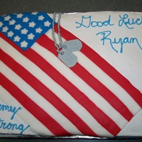 Army Strong Cake made for co-worker whose son had enlisted in the Army for his going away party. 1/2 sheet (1/2 choc, 1/2 yellow) with buttercream....